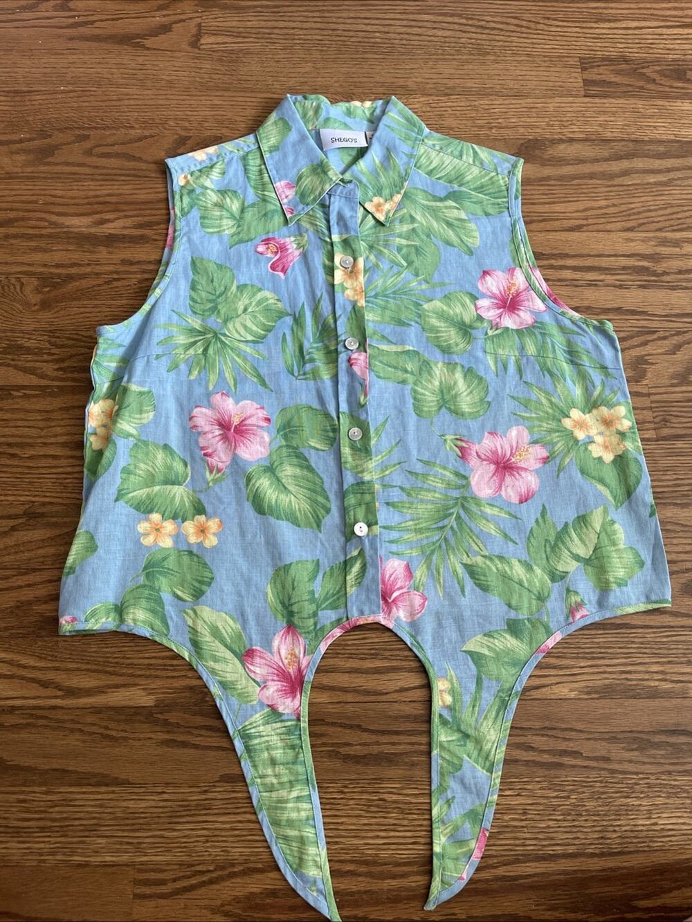 Floral 100% Linen Women’s Small Tie Front Top Sleeveless Tropical Resort VTG